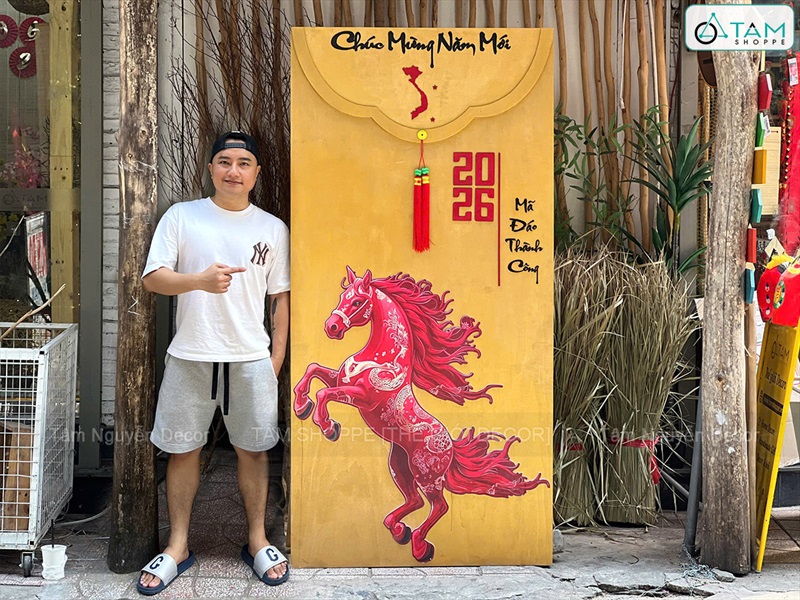 [ORDER 3-5 NGÀY] Mô hình Bao lì xì cỡ lớn Vàng Gold Tết Bính Ngọ [Bằng gỗ - Đế tự đứng] C2x1m BAOLIXI-05